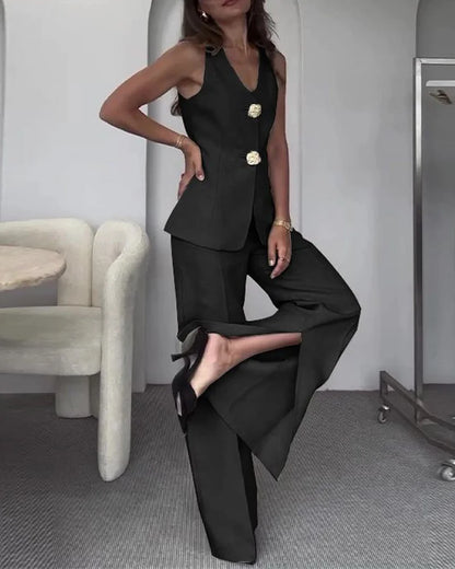 Ensemble Sophistiqué Gilet Et Pantalon Évasé Femme Pour Événements