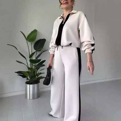 Ensemble chic 2 pièces avec haut à col à fermeture éclair et pantalon