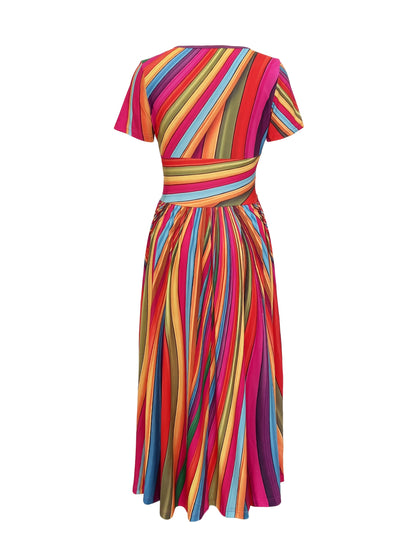 Robe midi à rayures colorées et décolleté en V pour femme
