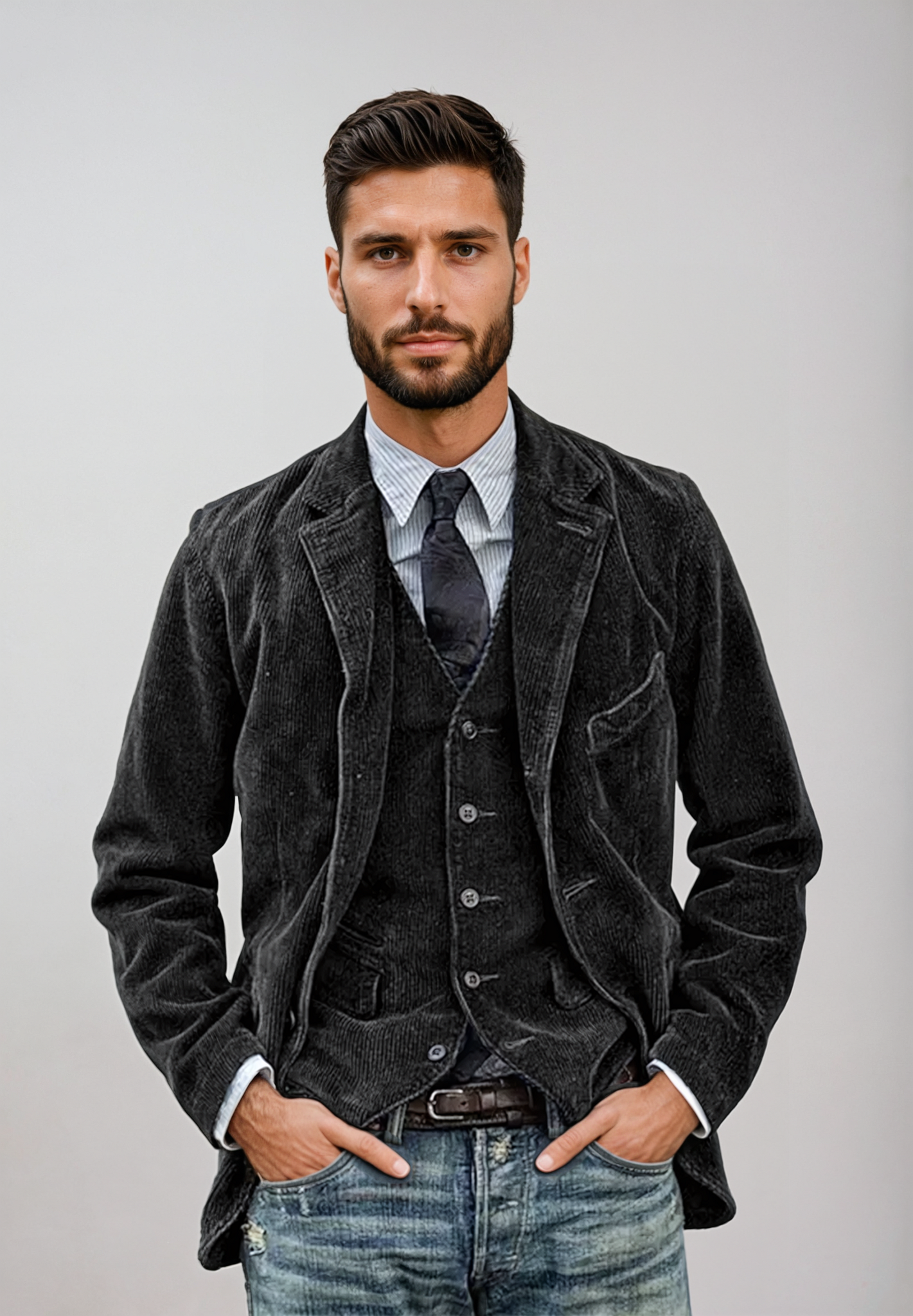 Ensemble Elégant Blazer et Gilet en Velours Côtelé Vintage pour Homme