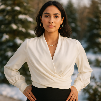 Blouse Chic à Manches Bouffantes et Col V pour un Style Sans Effort