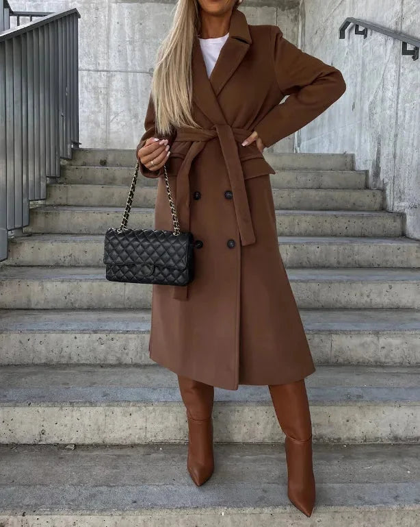 Manteau chic ceinturé à double boutonnage avec poches