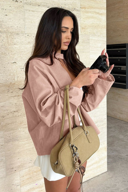 Veste Chic en Daim à Col Montant avec Manches Longues