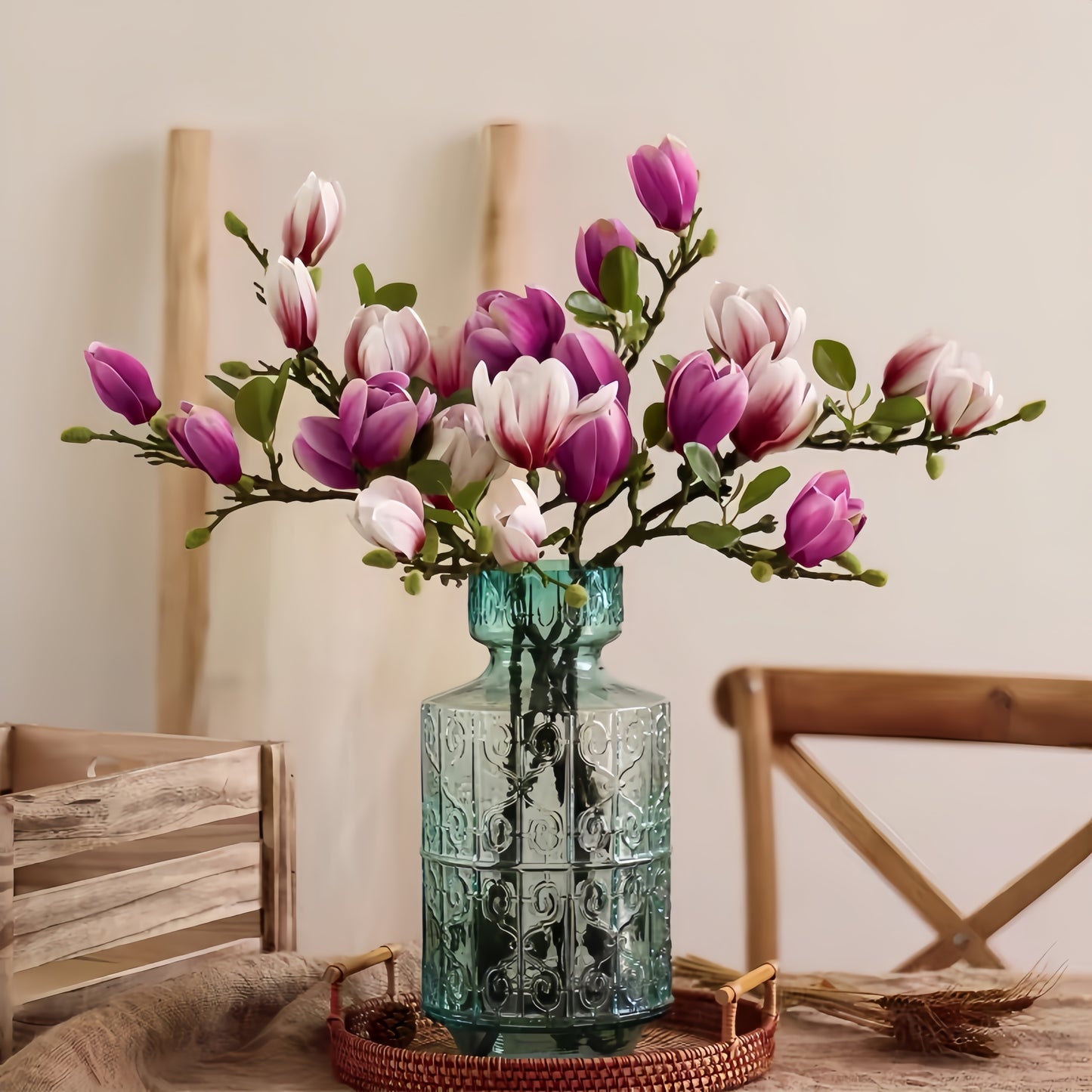 Élégant Ensemble de 4pcs Fleurs de Magnolia en Soie 68cm