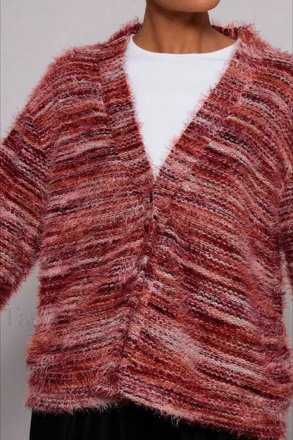 Cardigan Tricoté Vintage Rayé Col V Confortable