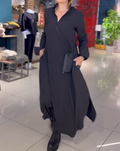 Robe Maxi Élastique à Manches Longues et Col V Élégante Femme