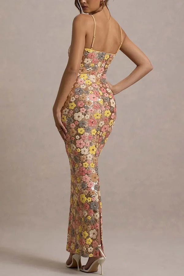 Robe longue extensible à paillettes florales des années 80 avec encolure carrée