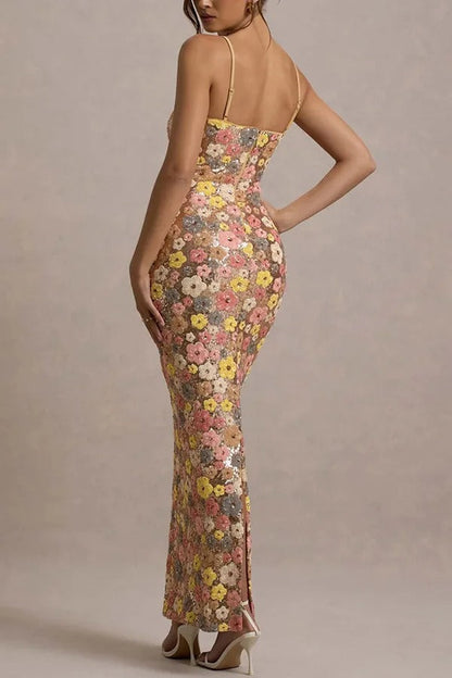 Robe longue extensible à paillettes florales des années 80 avec encolure carrée