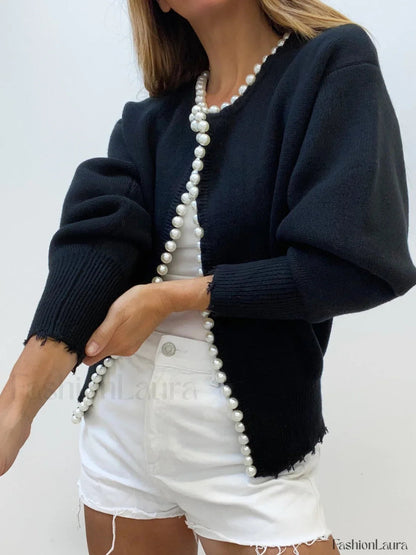Cardigan en tricot avec ourlet déchiré et bordure perlée