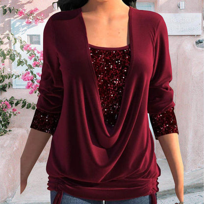 Blouse Femme Manches Longues à Sequins Élégante