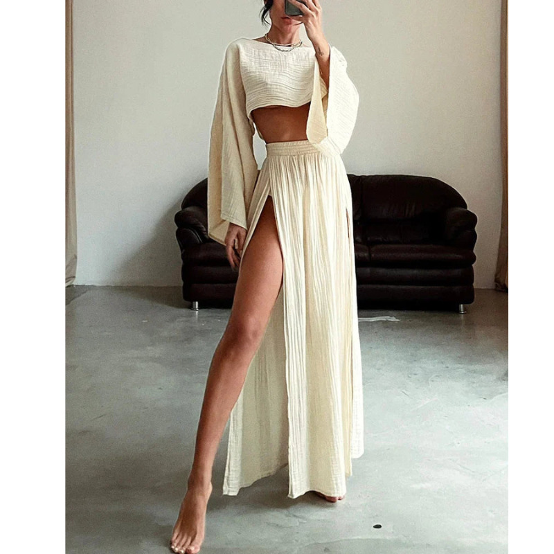 Ensemble Top à Manches Longues Croppé et Jupe Maxi pour Femmes