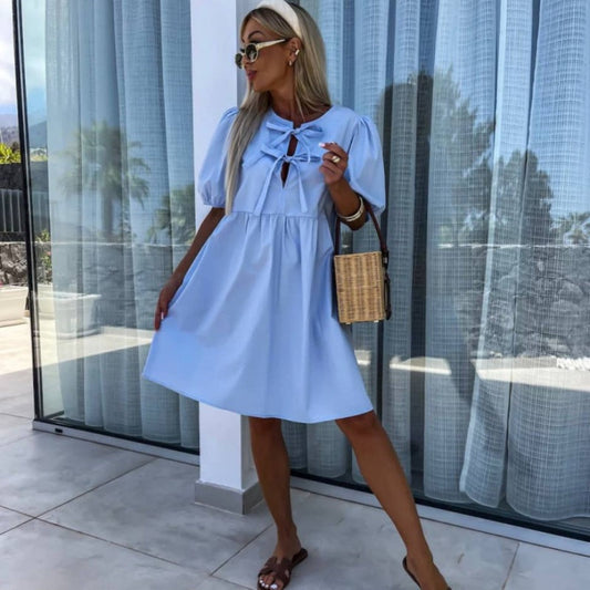 Robe à manches bouffantes pour femmes avec détail nœud