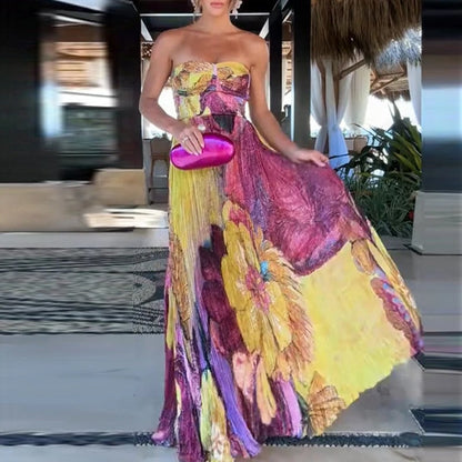 Robe Maxi Fleurie avec Encolure en Cœur et Détails Plissés