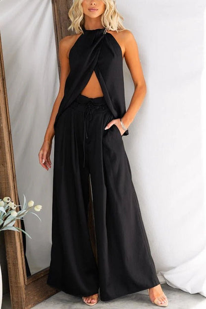 Ensemble haut fendu devant en mélange de lin avec pantalon large