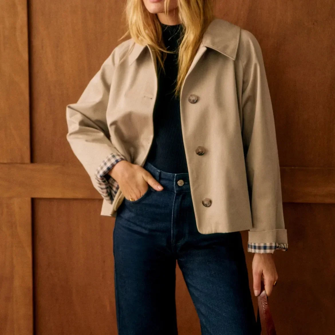 Trench-coat classique à carreaux avec col rabattu