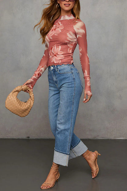 Haut décontracté à manches longues ajusté avec imprimé floral