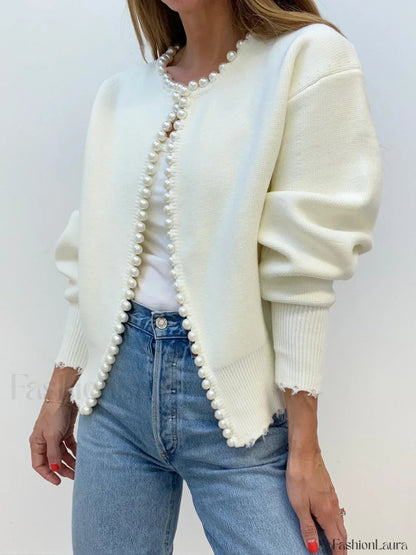 Cardigan en tricot avec ourlet déchiré et bordure perlée