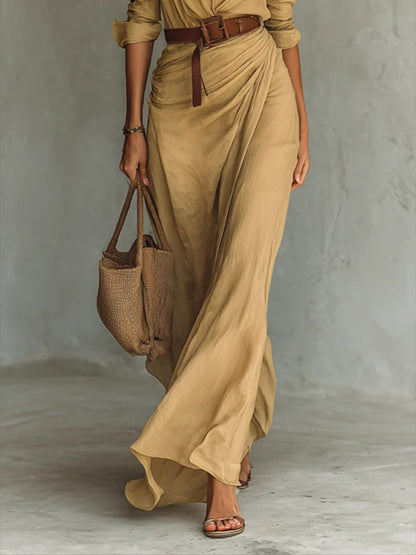 Robe longue élégante à manches longues ajustée avec col à revers
