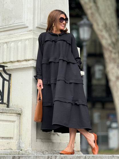 Robe Noire Décontractée à Volants pour Femme