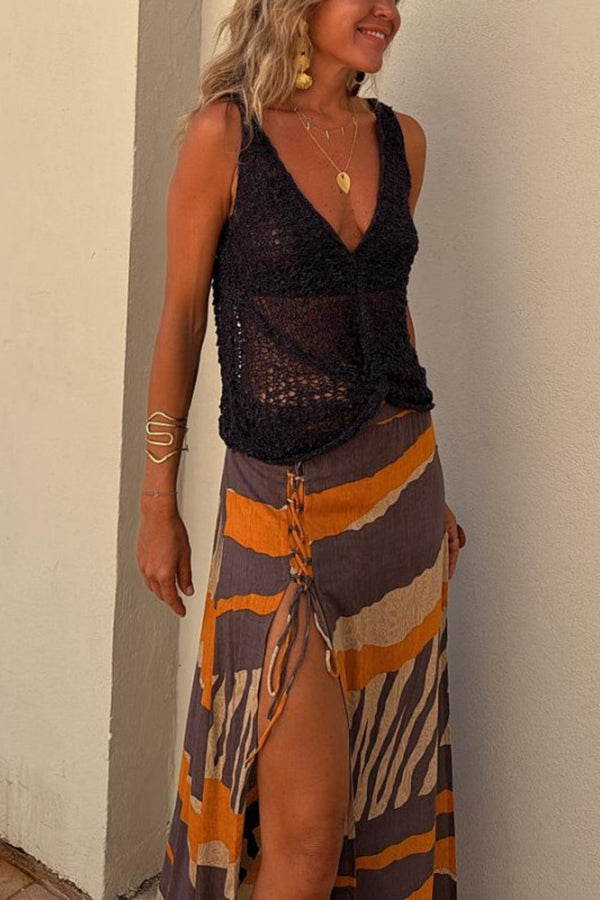 Débardeur bohème tricoté à col en V torsadé ajouré