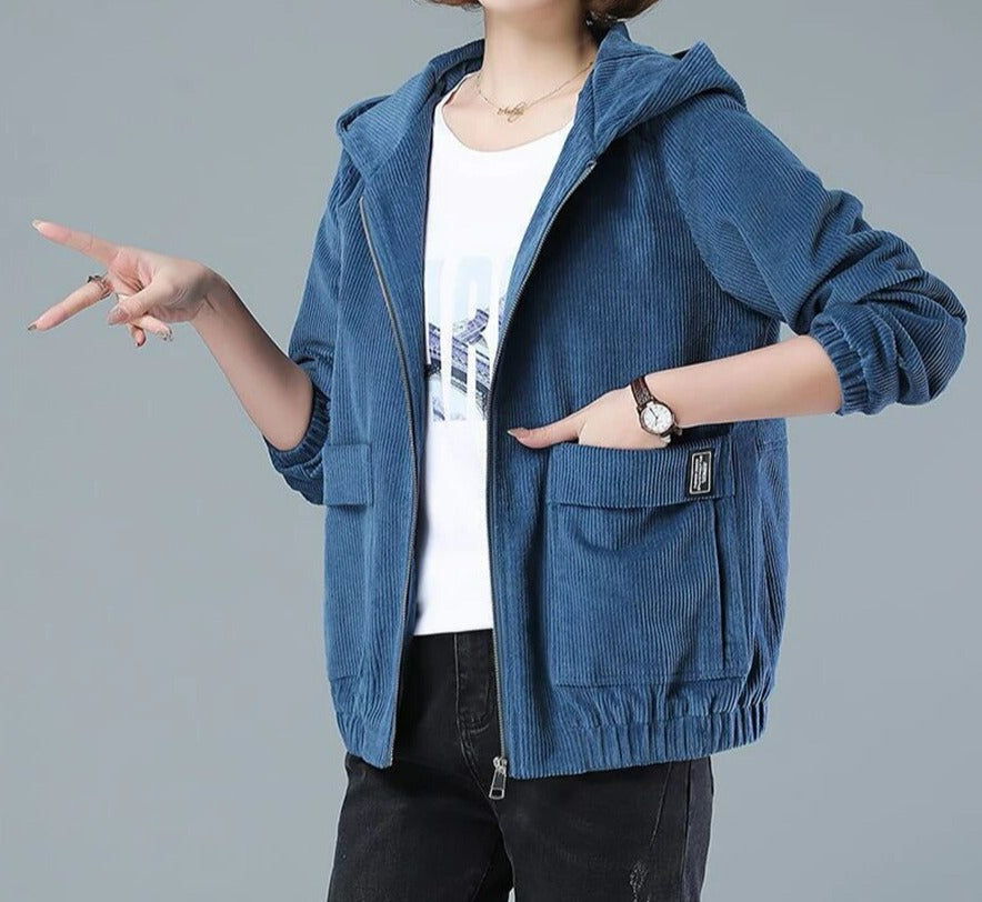 Sweat à capuche confortable en velours côtelé avec fermeture éclair et poches surdimensionnées