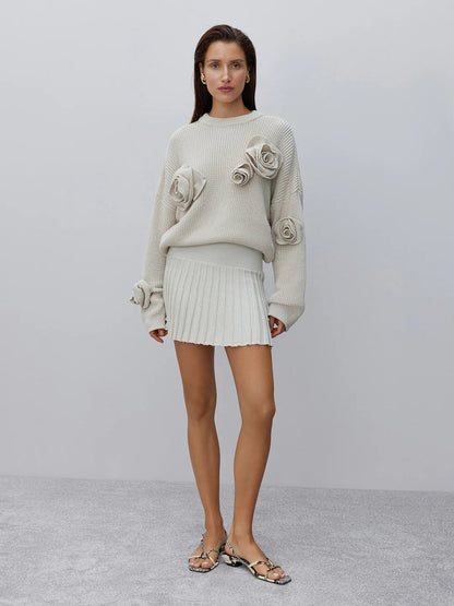 Pull en tricot à motif de rose 3D confortable avec coupe décontractée ample