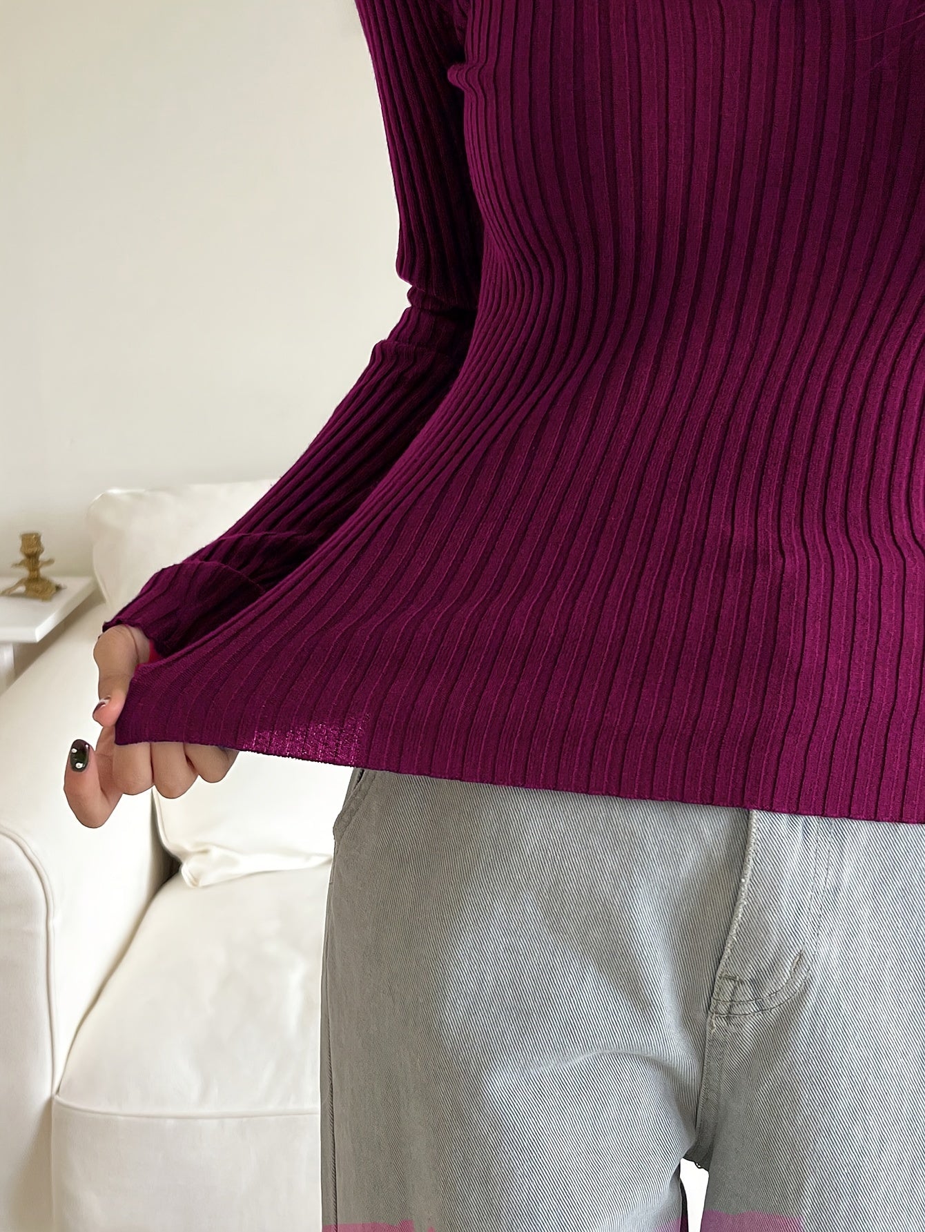 Pull Femme Doux à Col Long Côtelé Bourgogne