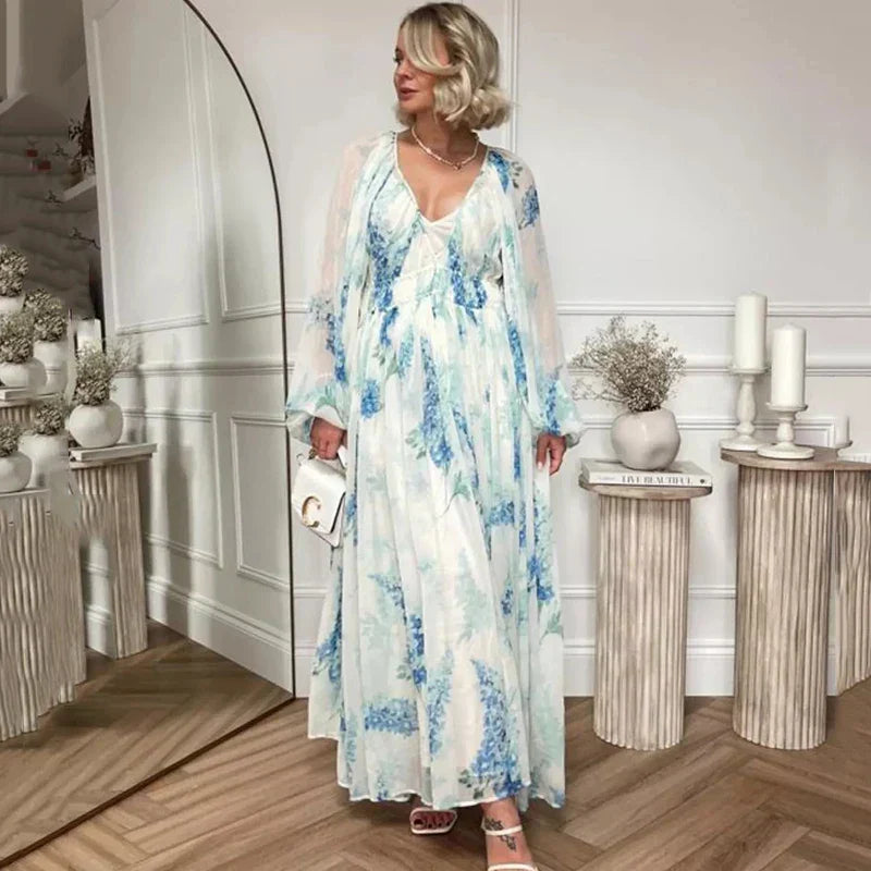 Robe longue à taille cintrée et cordon floral