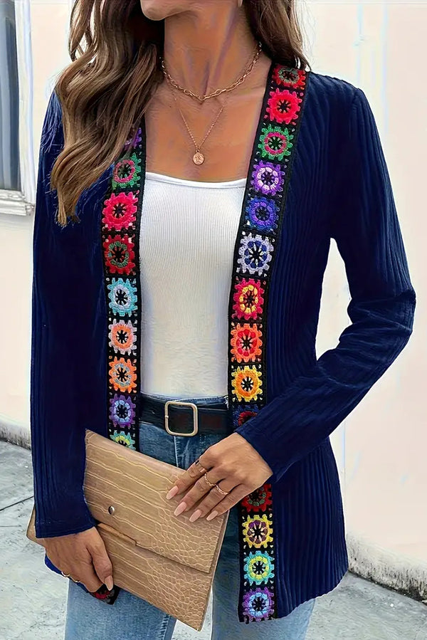 Cardigan à manches longues en maille avec bordure florale bohème