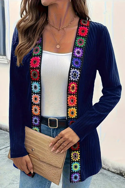 Cardigan à manches longues en maille avec bordure florale bohème