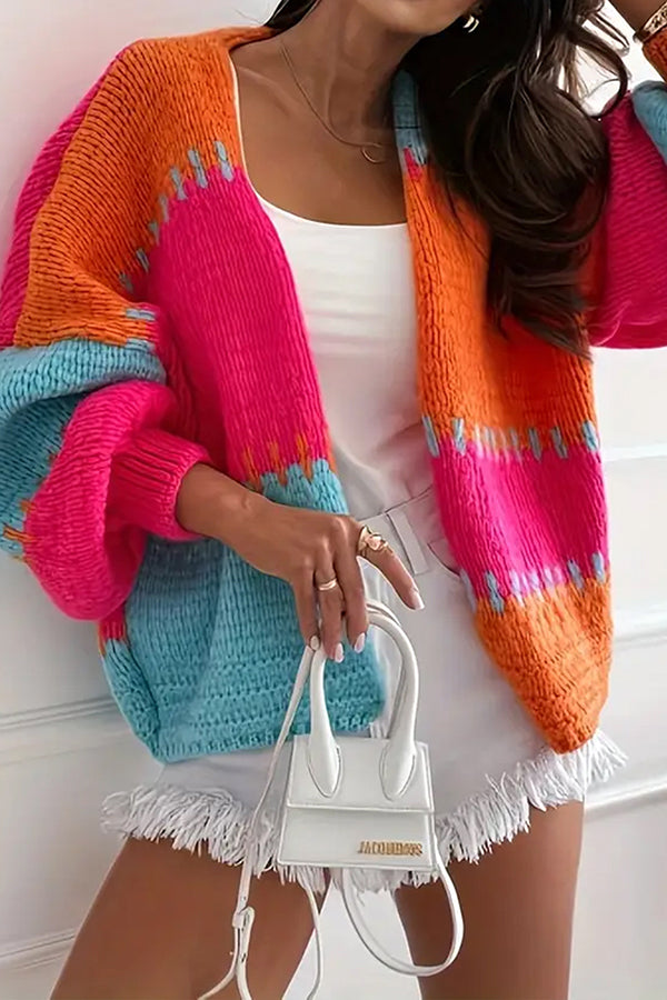 Cardigan Tricoté Décontracté et Confortable avec Couture Contrastée