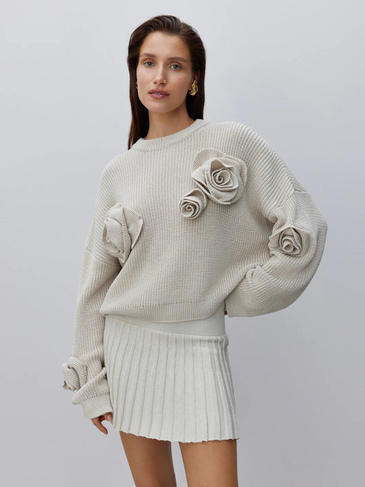 Pull en tricot à motif de rose 3D confortable avec coupe décontractée ample