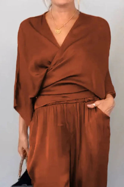 Ensemble Chic Haut Cache-cœur et Pantalon Décontracté Relaxé