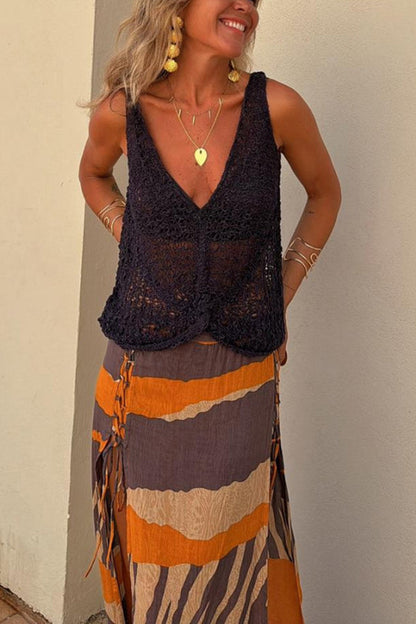 Débardeur bohème tricoté à col en V torsadé ajouré