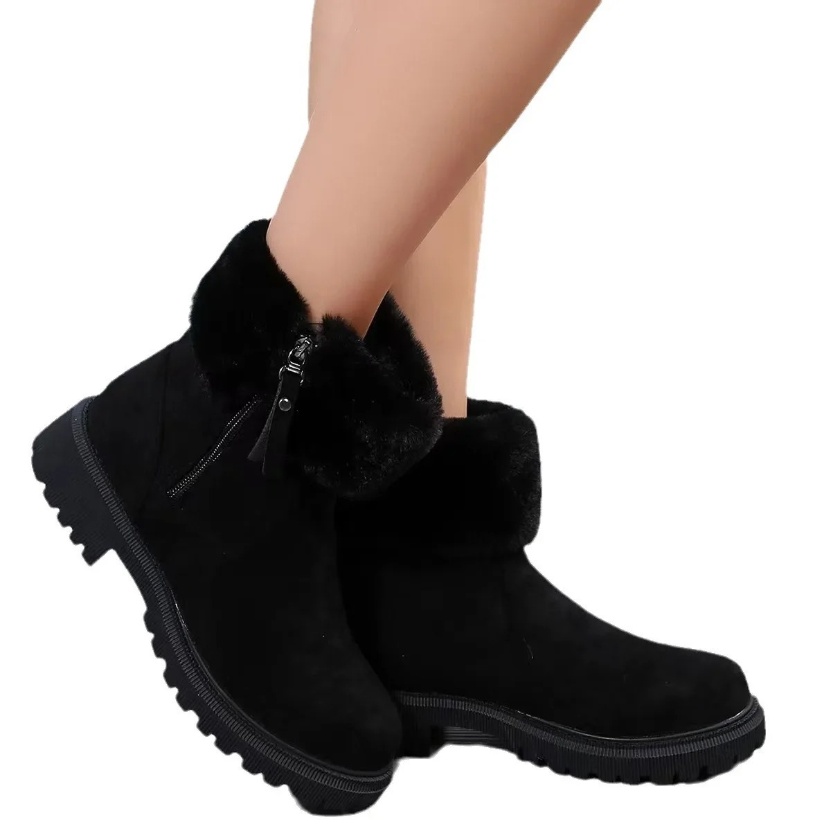 Bottes D'hiver Coupe Vent pour Femmes avec Col en Fourrure