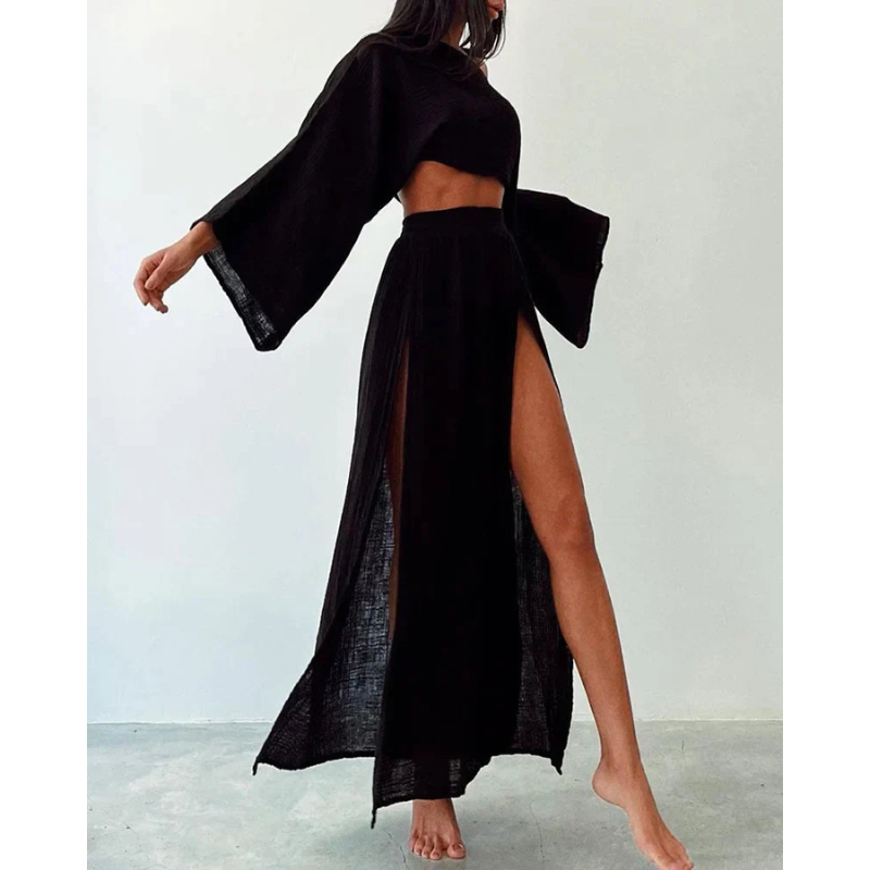 Ensemble Top à Manches Longues Croppé et Jupe Maxi pour Femmes