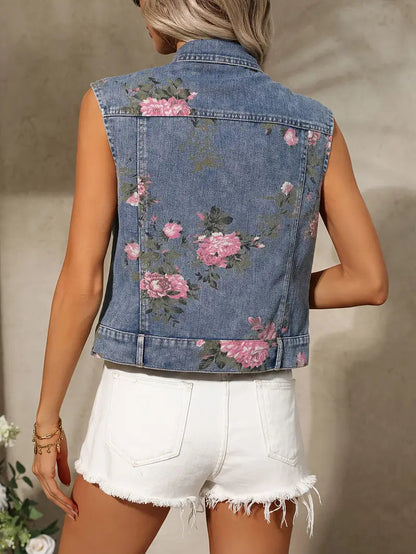 Gilet en jean sans manches pour femmes avec motif floral dans un style estival vintage