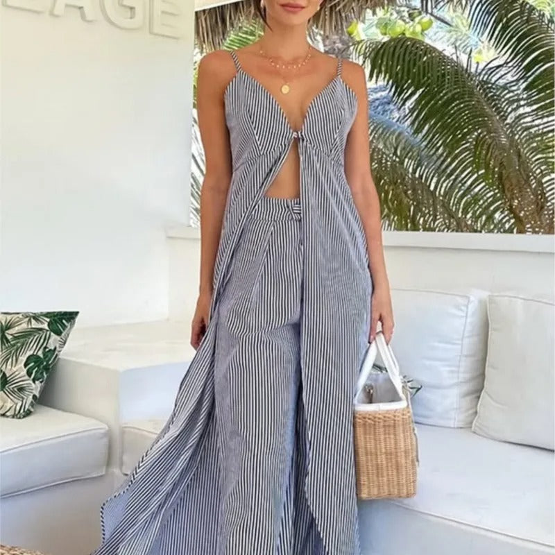 Ensemble top rayé sans manches avec pantalon ample décontracté