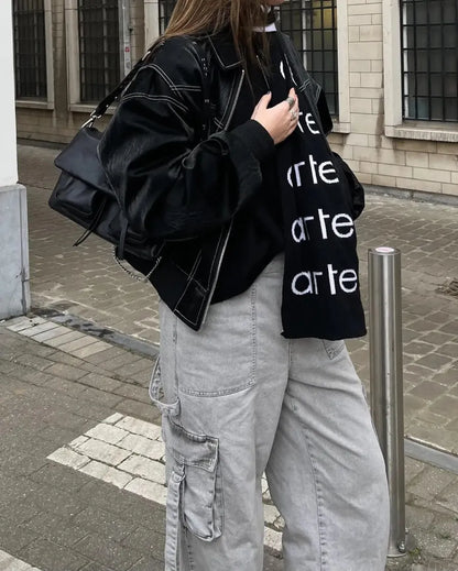 Veste en Cuir Élégante Femmes avec Revers Oversized