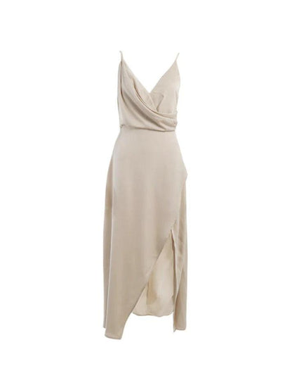 Robe midi élégante à col en V et fendue Beige femmes