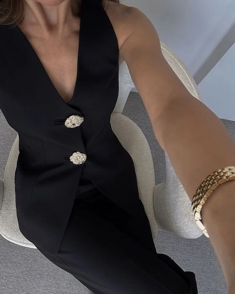 Ensemble Sophistiqué Gilet Et Pantalon Évasé Femme Pour Événements