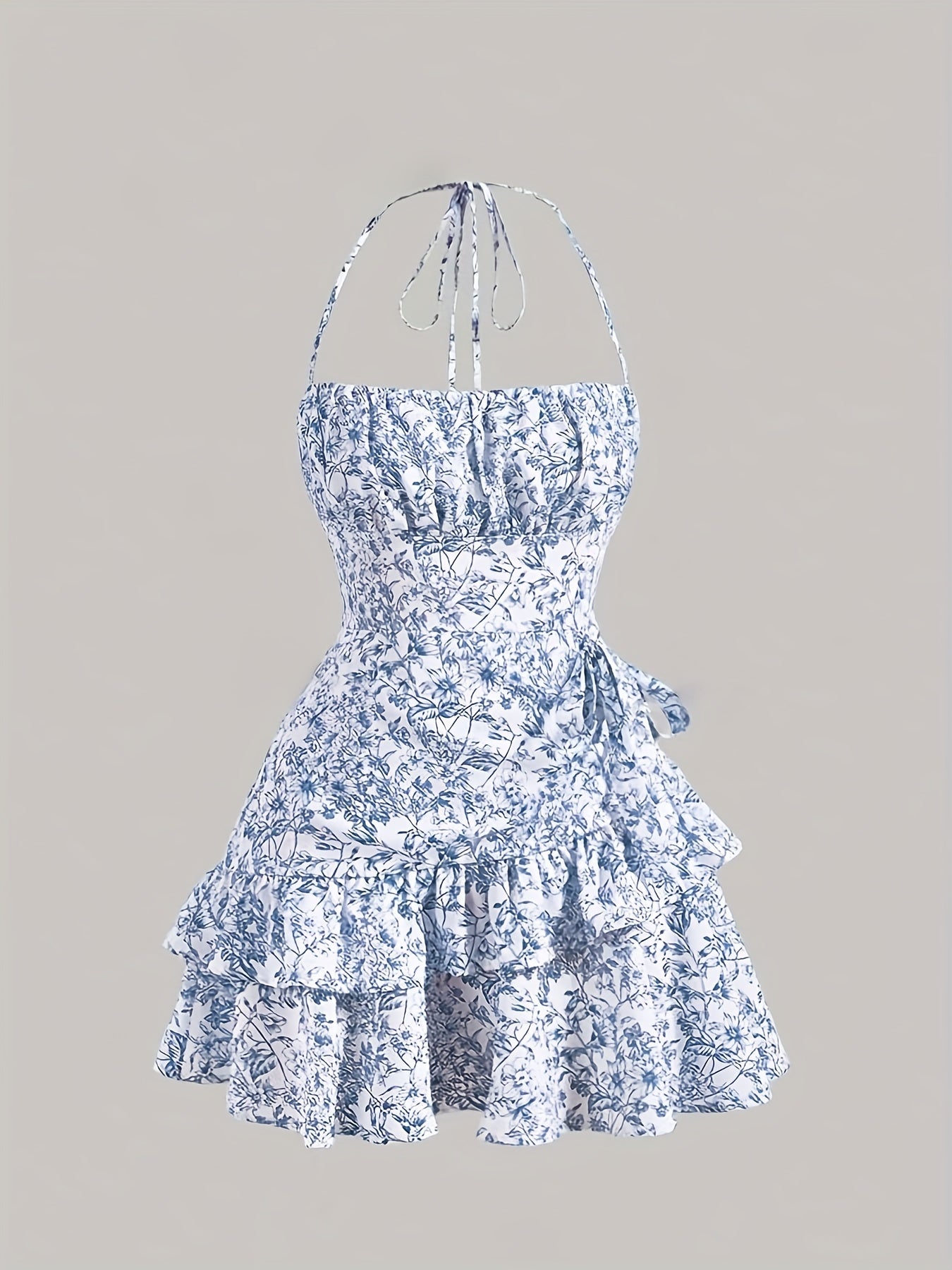 Robe Mini Florale à Col Halter et Empiècement Pour Femme