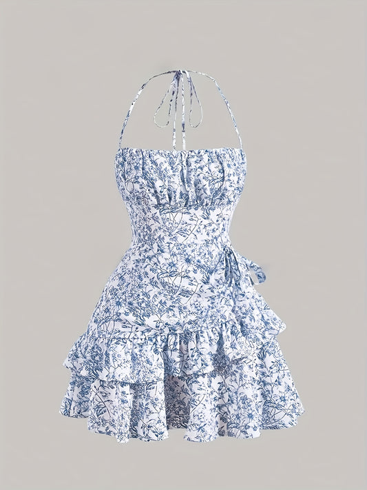 Robe Mini Florale à Col Halter et Empiècement Pour Femme