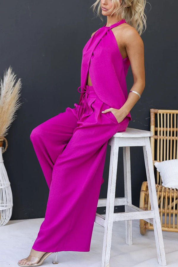 Ensemble haut fendu devant en mélange de lin avec pantalon large