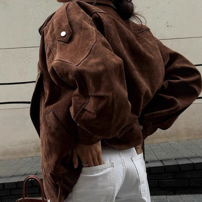 Veste Bombers Surdimensionnée Aspect Daim avec Fermeture Éclair Asymétrique