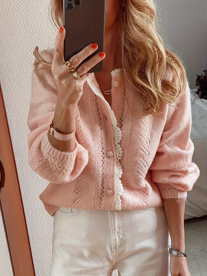 Cardigan Tricoté en Dentelle Rose pour Femmes