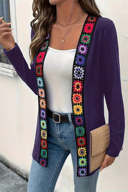 Cardigan à manches longues en maille avec bordure florale bohème