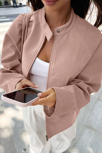 Veste Chic en Daim à Col Montant avec Manches Longues