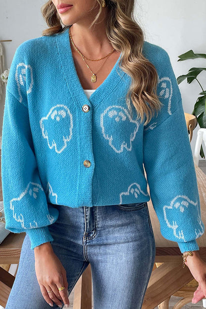 Cardigan boutonné en maille avec fantôme d'Halloween douillet