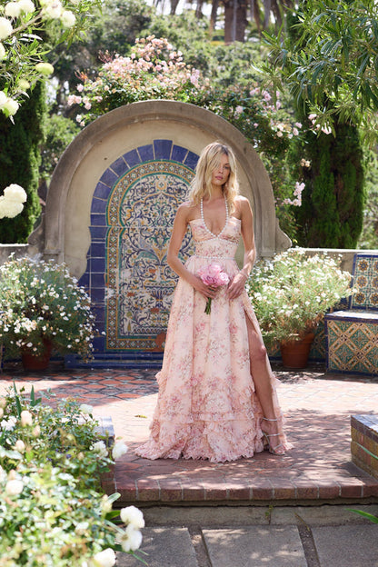 Robe midi en tapisserie couleur pêche sans manches